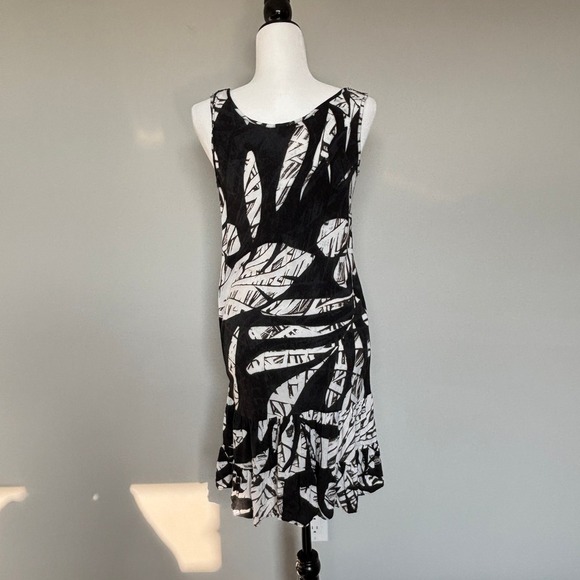 Jams World Size XS Dress Tropical Print Black White Sleeveless Midi Tiered - Picture 7 of 11
